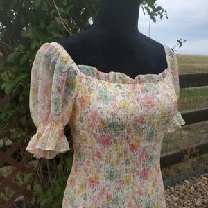 Story On Floral Pastel Puff Sleeve Smocked Mini Dress Juniors Size Small EUC